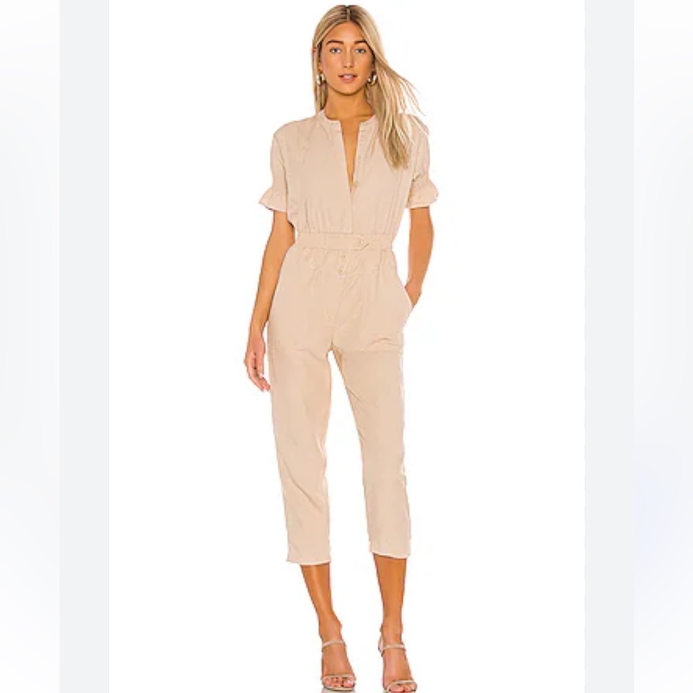 Joie linen Sz small S Beige Button-Up Jumpsuit pockets Fritzie smocked macadamia